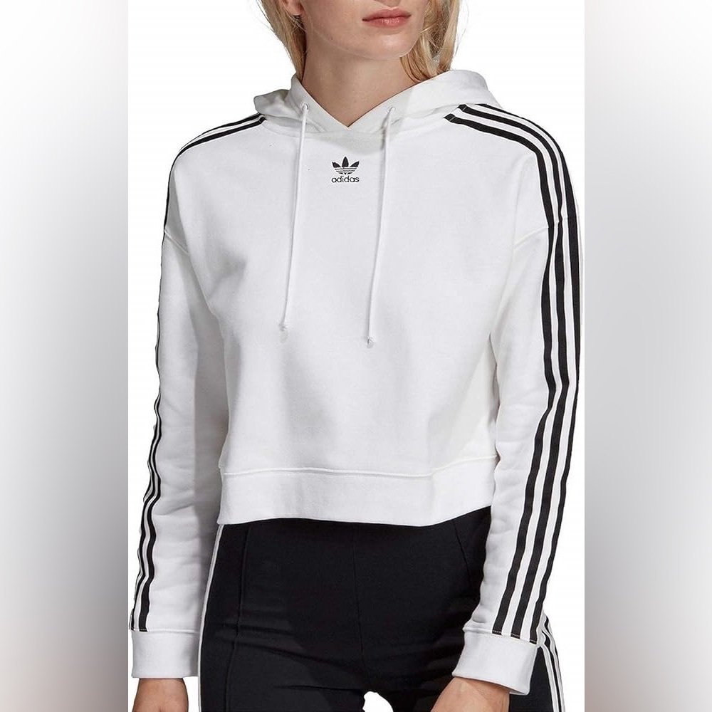 Adidas Original Women's White Hoodie with Black 3 Stripes Trefoil - Size M